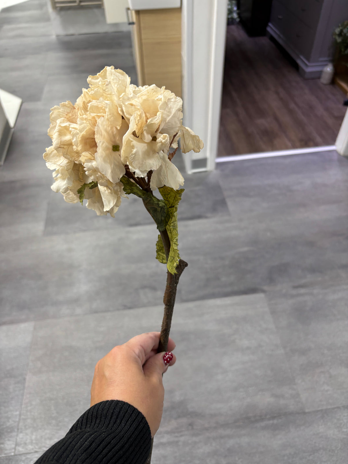 Faux Dried Touch Ruffled Hydrangea – Oyster – 52cm