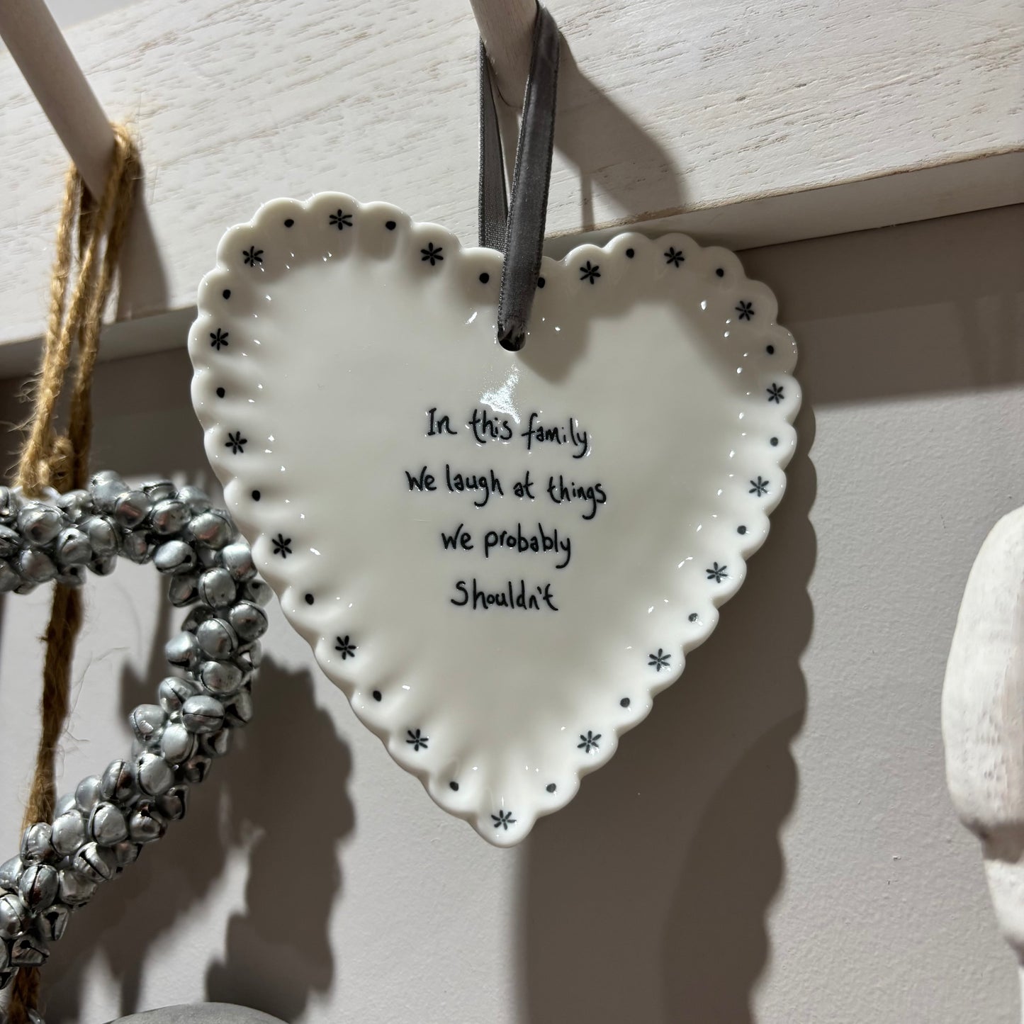 Scallop Heart Hanging Sign – “In This Family We Laugh at Things We Probably Shouldn’t”