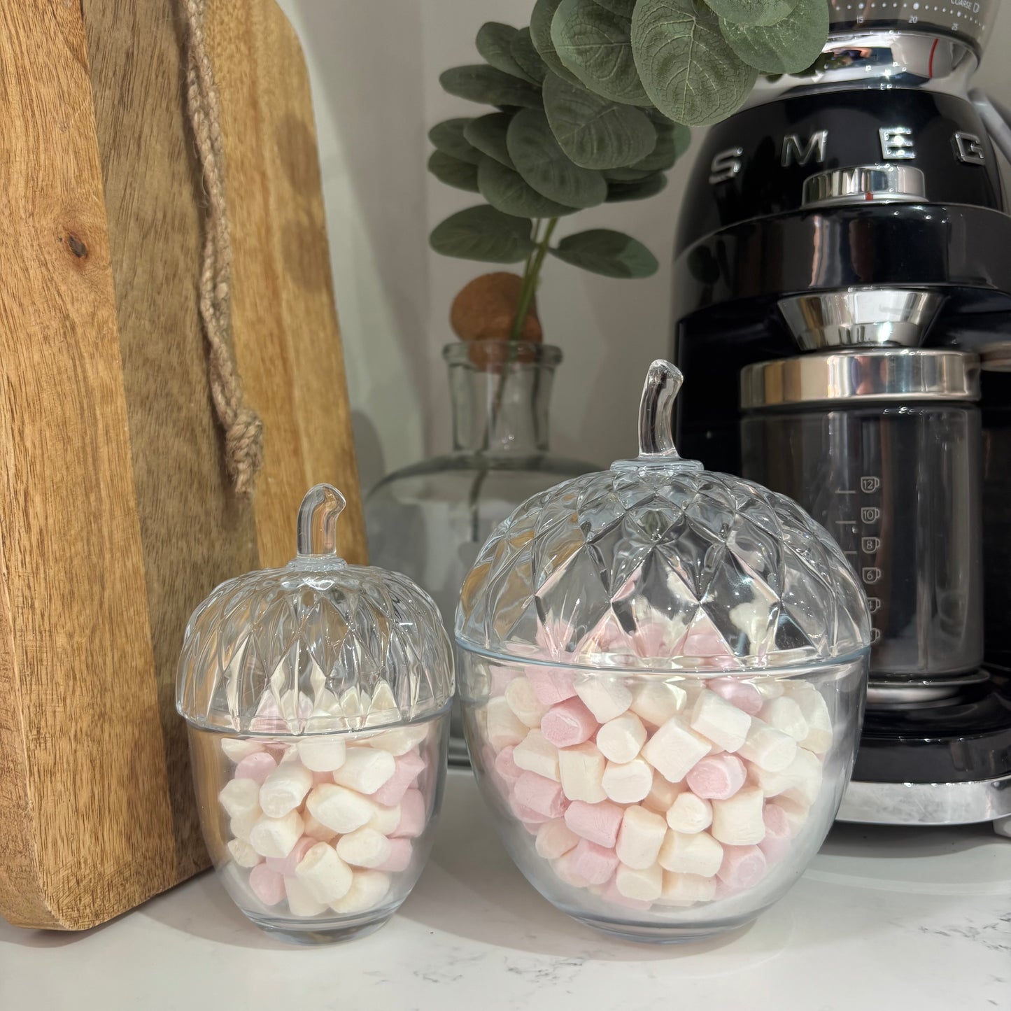 Glass acorn pot - set of two