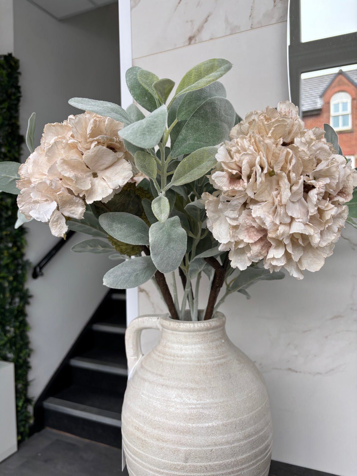 Faux Dried Touch Ruffled Hydrangea – Oyster – 52cm