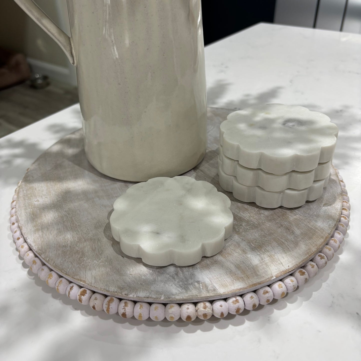 Lillie Round Whitewashed Wooden Charger Plate | Decorative Serving Tray with Beaded Edge