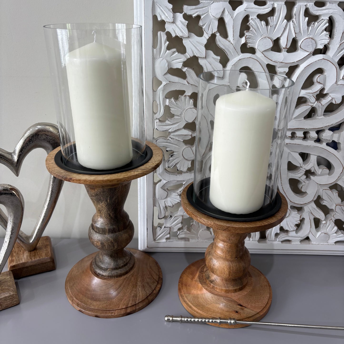 Glass and wood pilar candle holder - 2 sizes