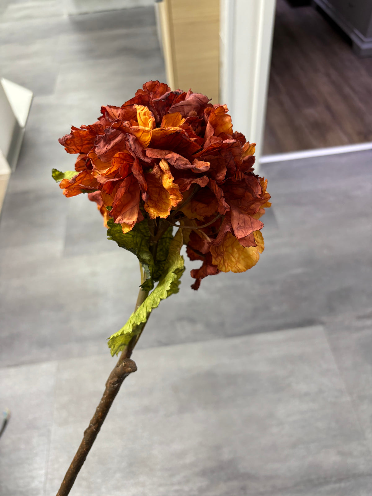 Faux Dried Touch Ruffled Hydrangea – Burnt Orange – 52cm