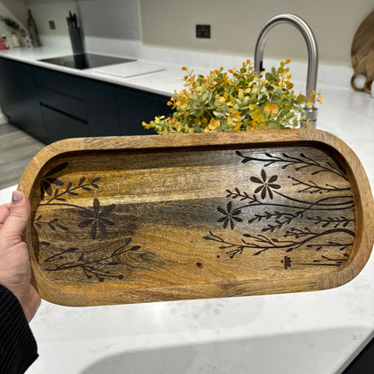 Flower Etched Wooden Tray - Large