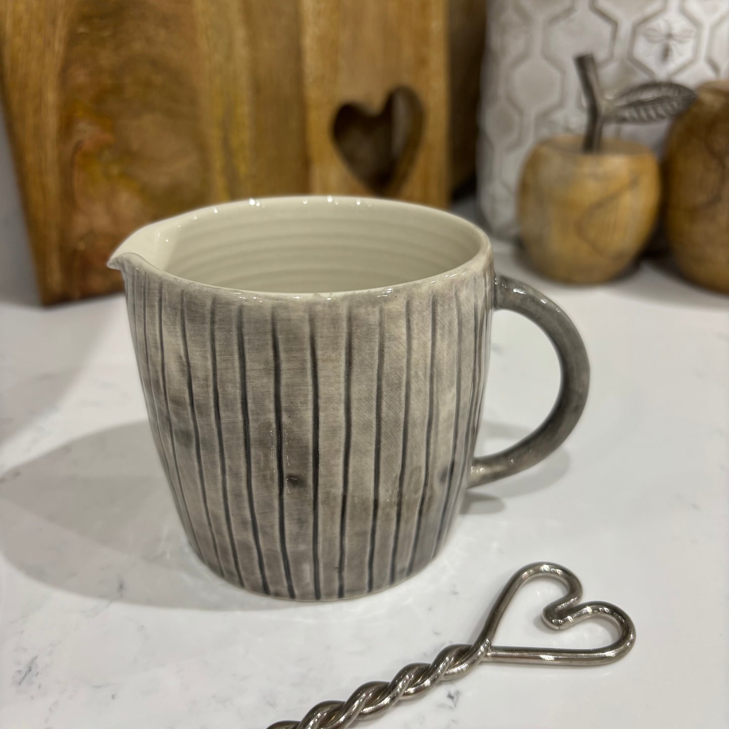 Neutral Porcelain Jug – Hand-Painted Scratched Striped Design