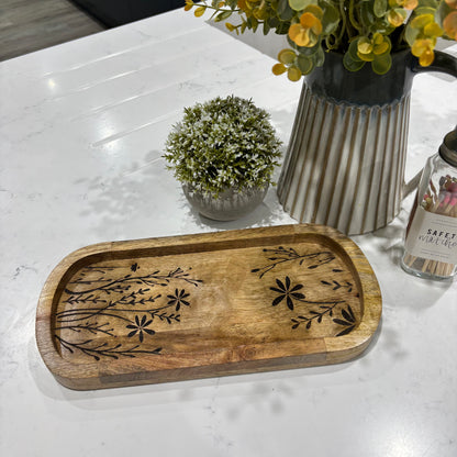 Flower Etched Wooden Tray - small