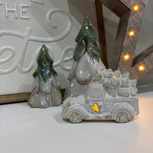 White Ceramic LED Car with Christmas Tree