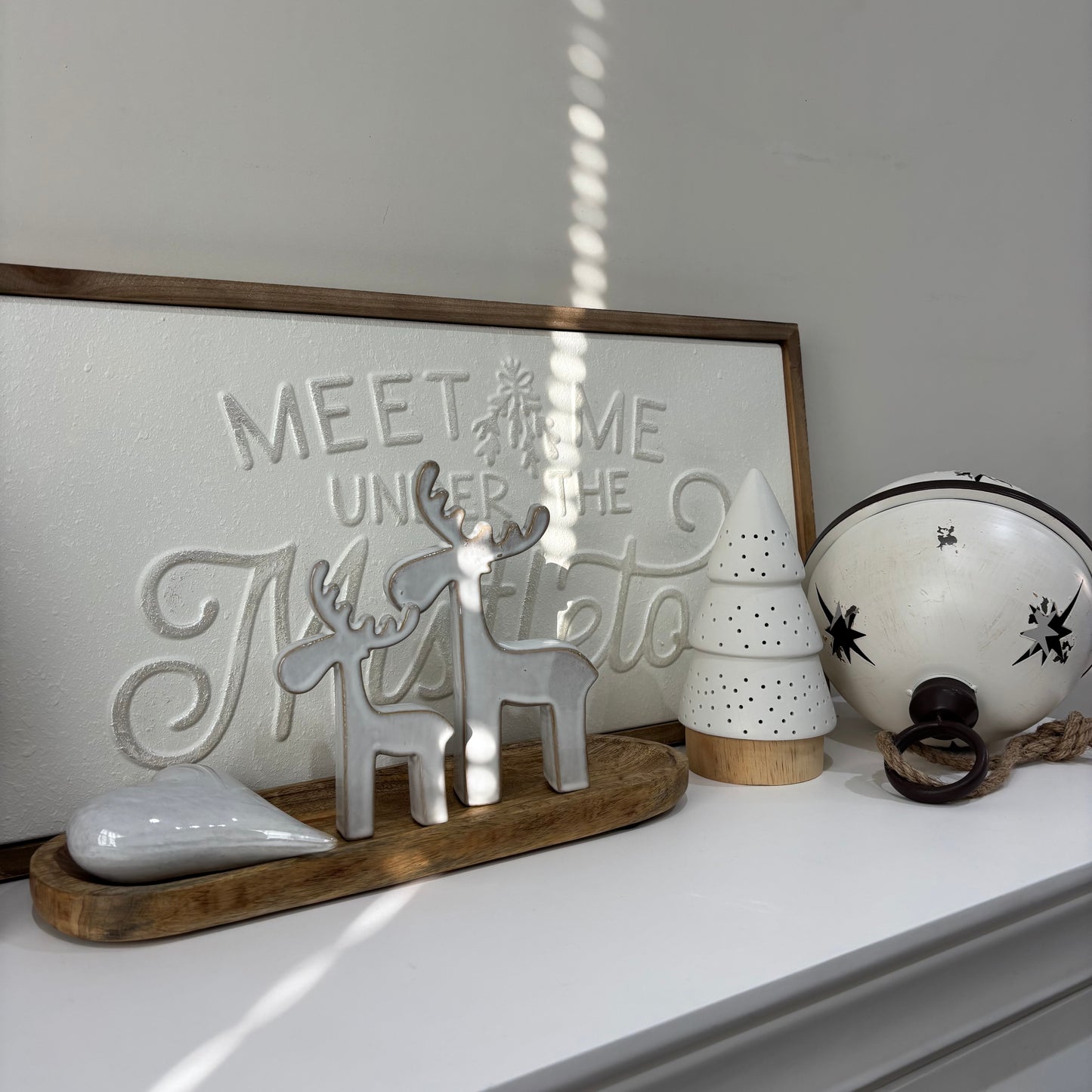 White light up tree on wood base