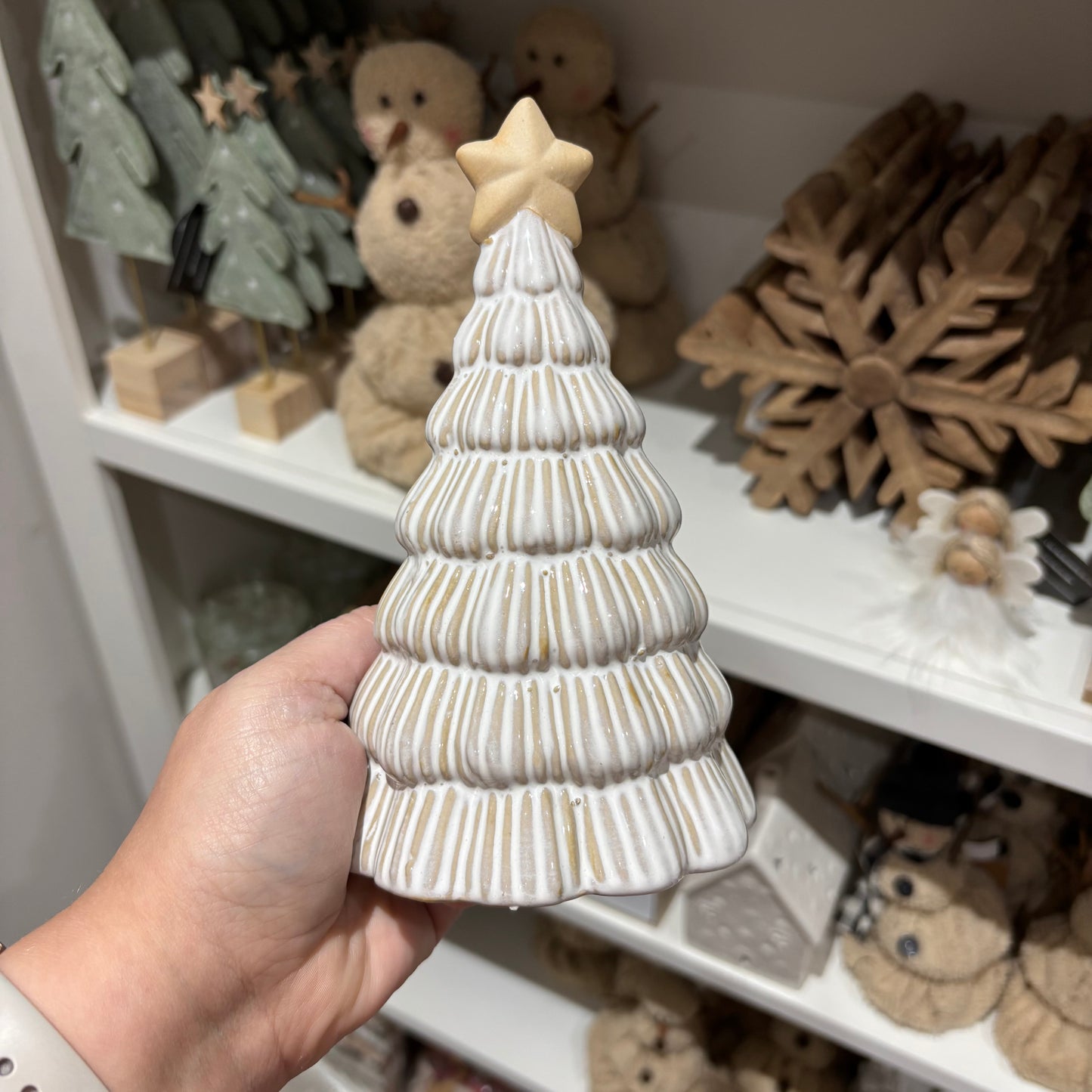 Ceramic off white Christmas tree decoration with star - 2 sizes