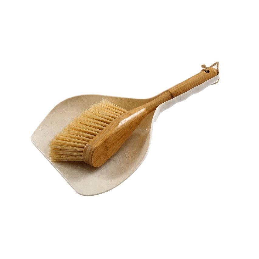 Cream Dustpan and Bamboo Wooden Brush