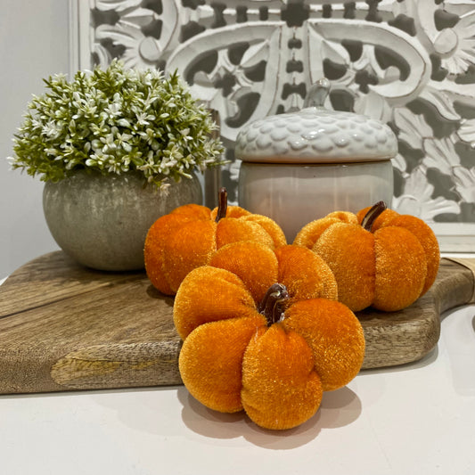 Mini Orange Velvet Pumpkins - set of 3