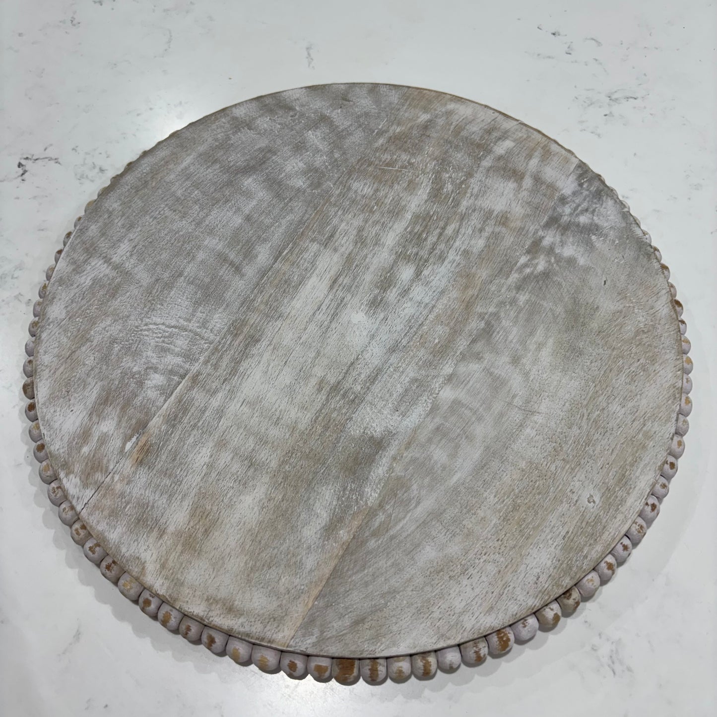 Lillie Round Whitewashed Wooden Charger Plate | Decorative Serving Tray with Beaded Edge