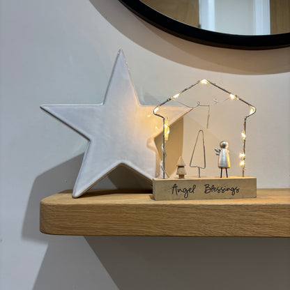 Light up metal house with angel and tree