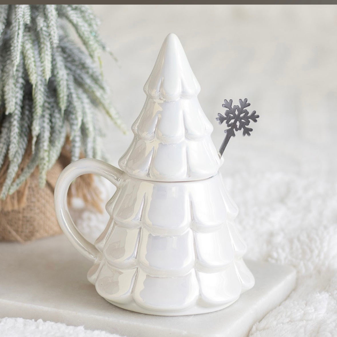 Iridescent Christmas Tree Mug & Snowflake Spoon Set