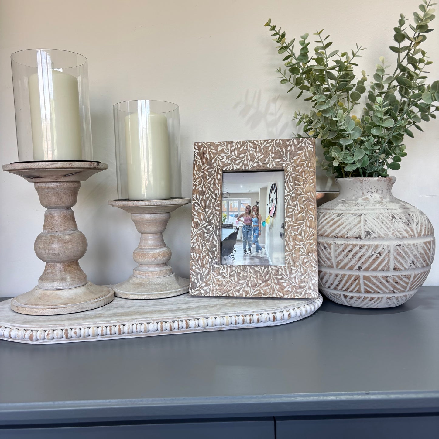 Rustic white wash finish wood and glass pillar candle holder