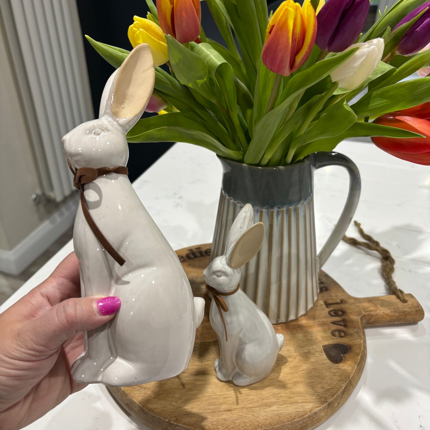 White Ceramic Sitting Bunny Ornament - set of 2