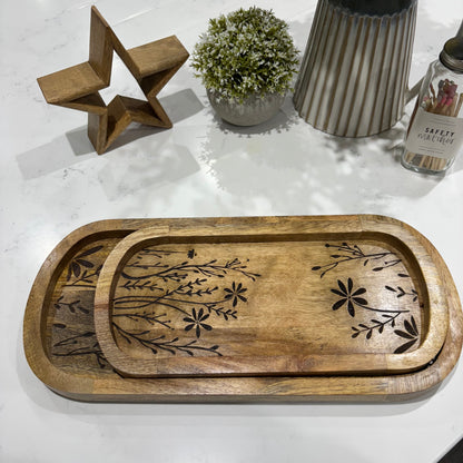 Flower Etched Wooden Tray - small
