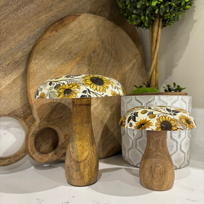 Mango Wood Mushroom with Sunflowers - set of two