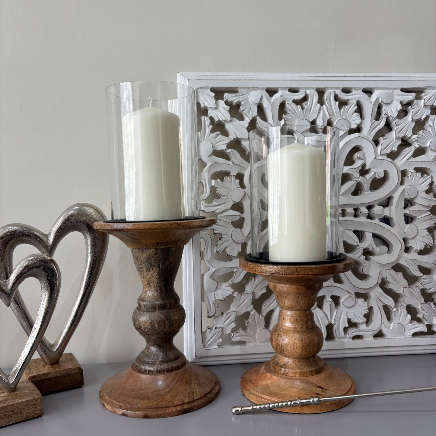Glass and wood pilar candle holder - 2 sizes