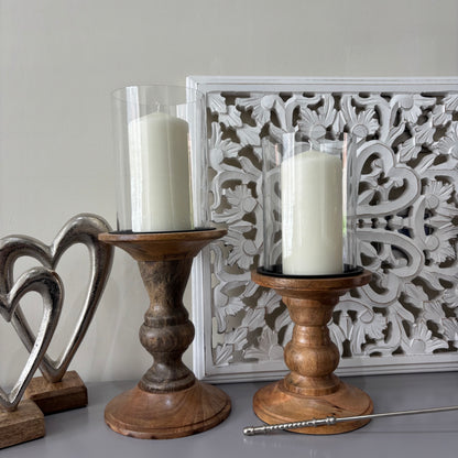 Glass and wood pilar candle holder - 2 sizes