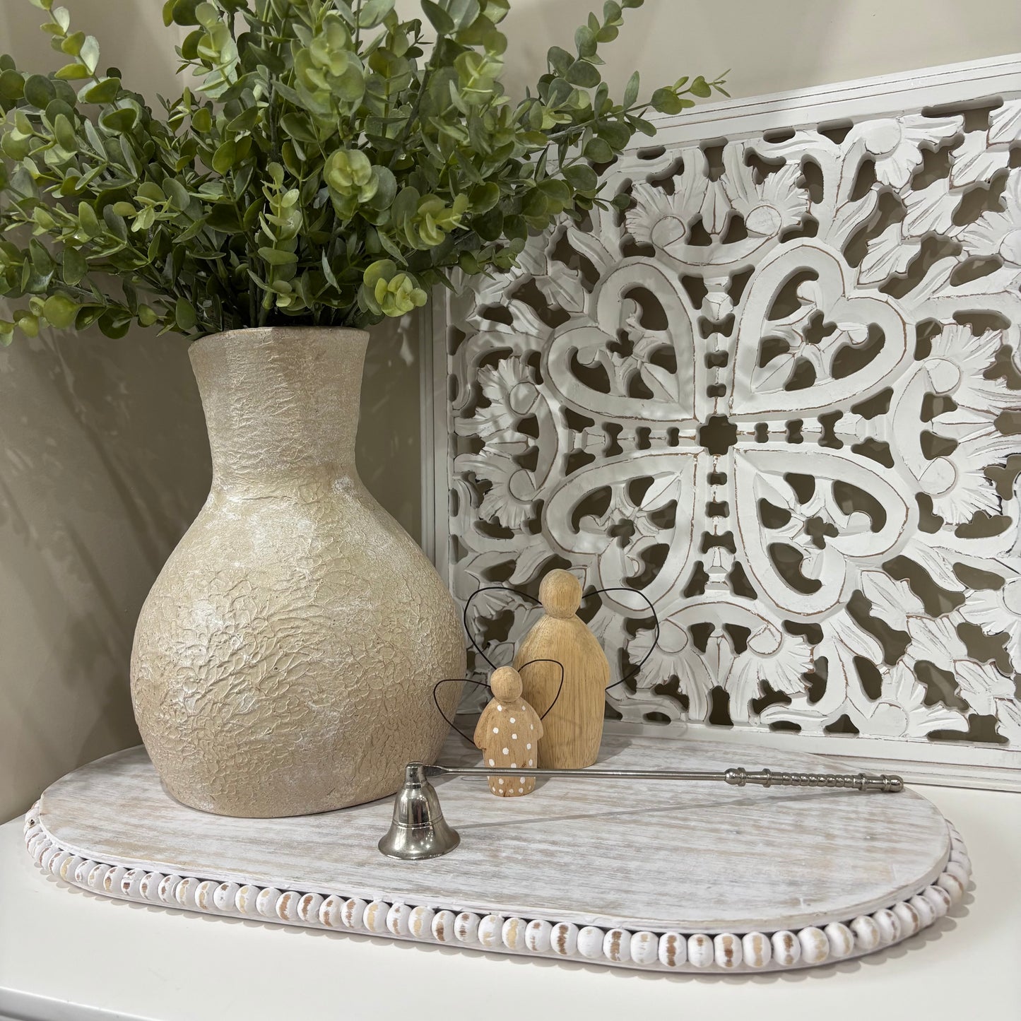 Lillie Oval Whitewashed Wooden Serving Board | Decorative Flat Tray with Beaded Edge