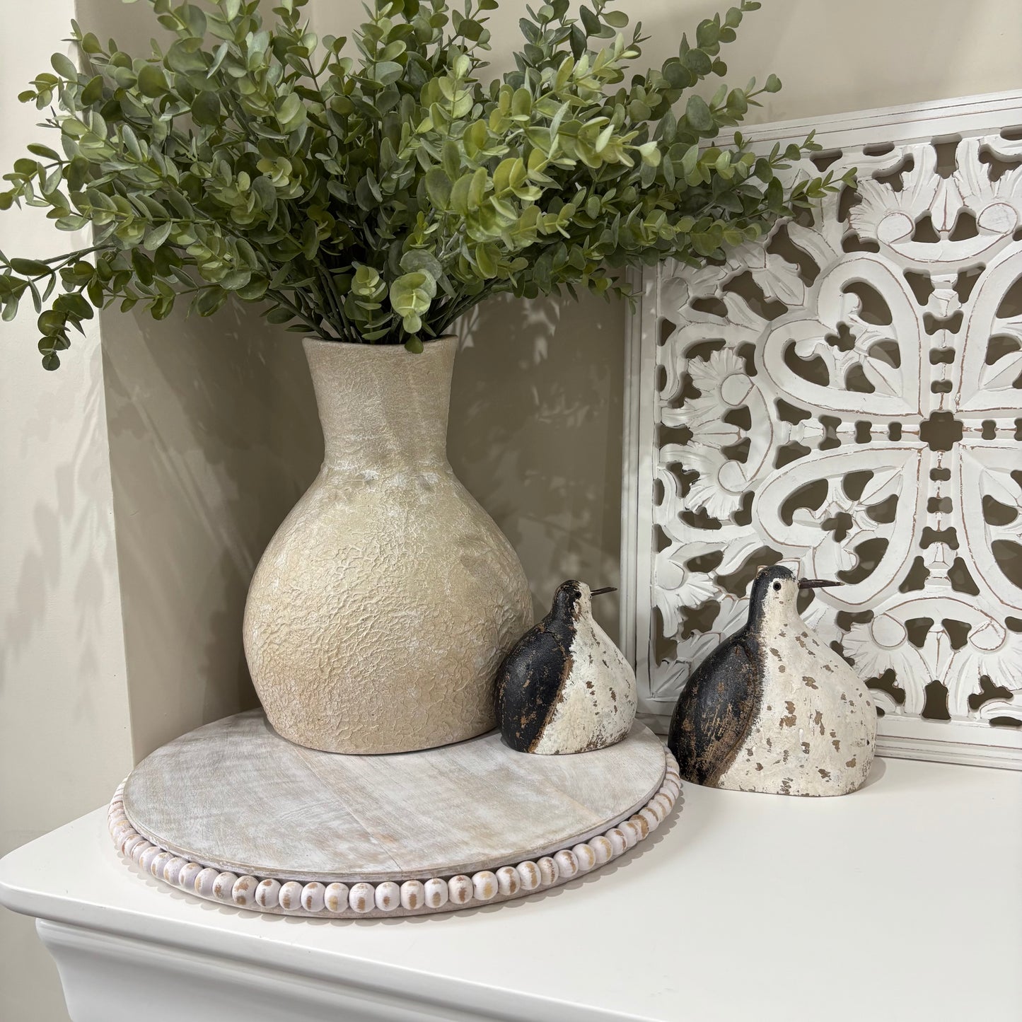 Lillie Round Whitewashed Wooden Charger Plate | Decorative Serving Tray with Beaded Edge