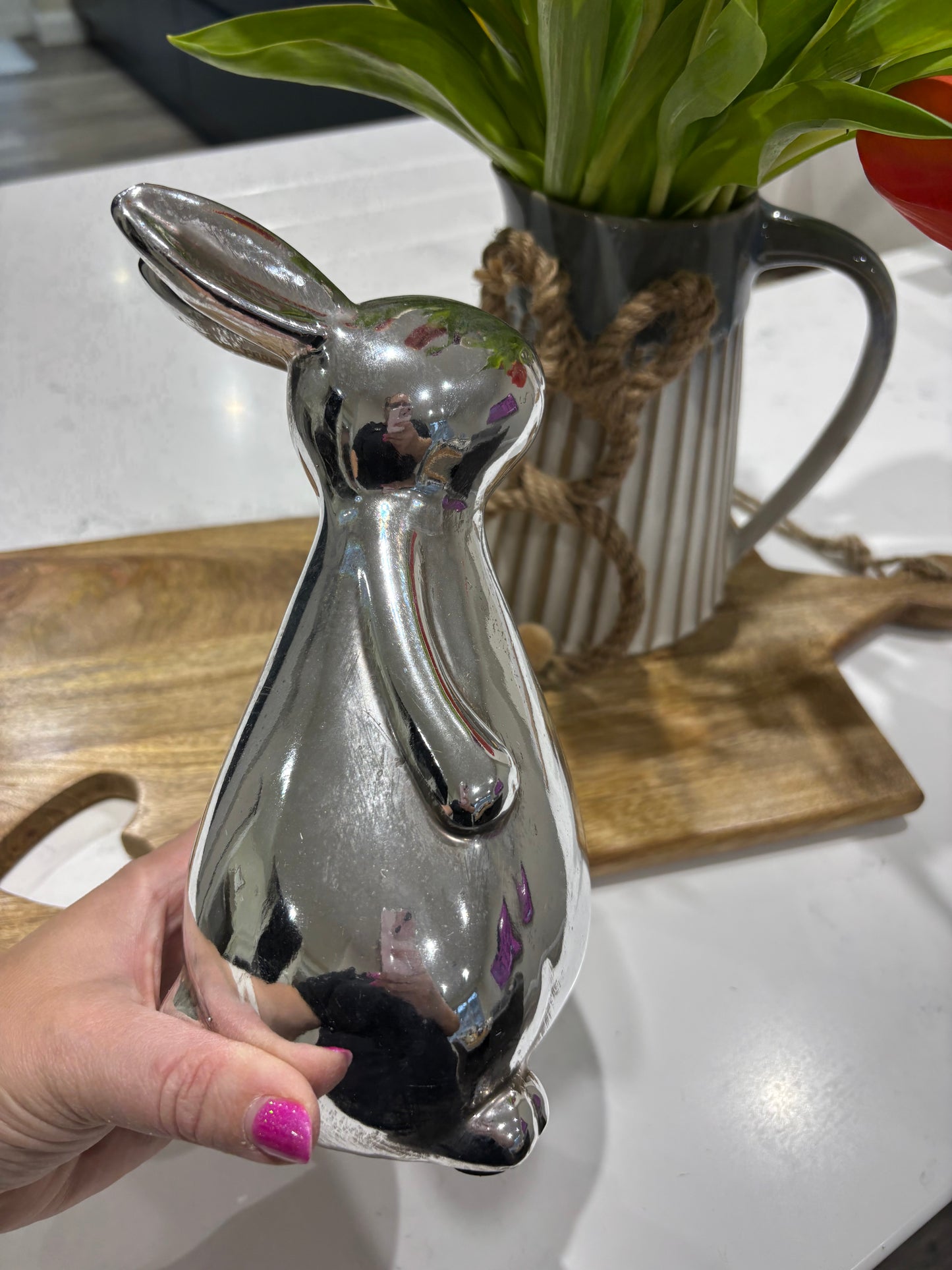 Ceramic Standing Rabbit Ornament – Silver finish - imperfect