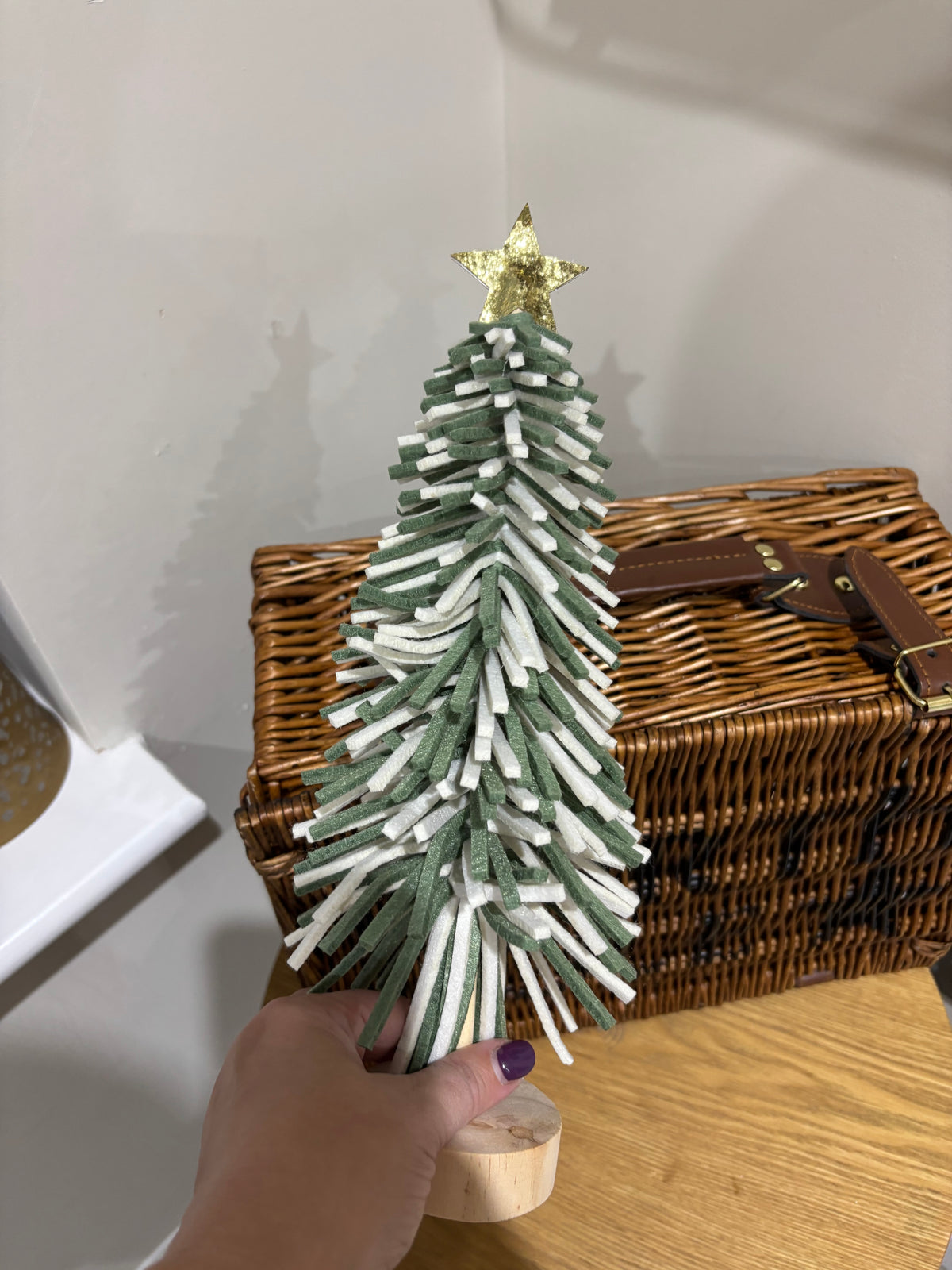 Tall Green & Cream Felt Christmas Tree with Gold Star – 33cm