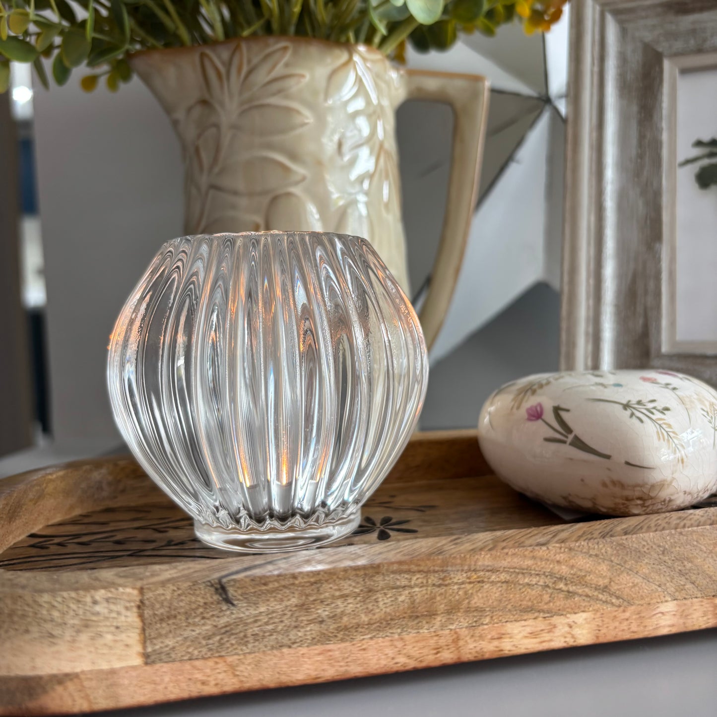 Flower Etched Wooden Tray - small