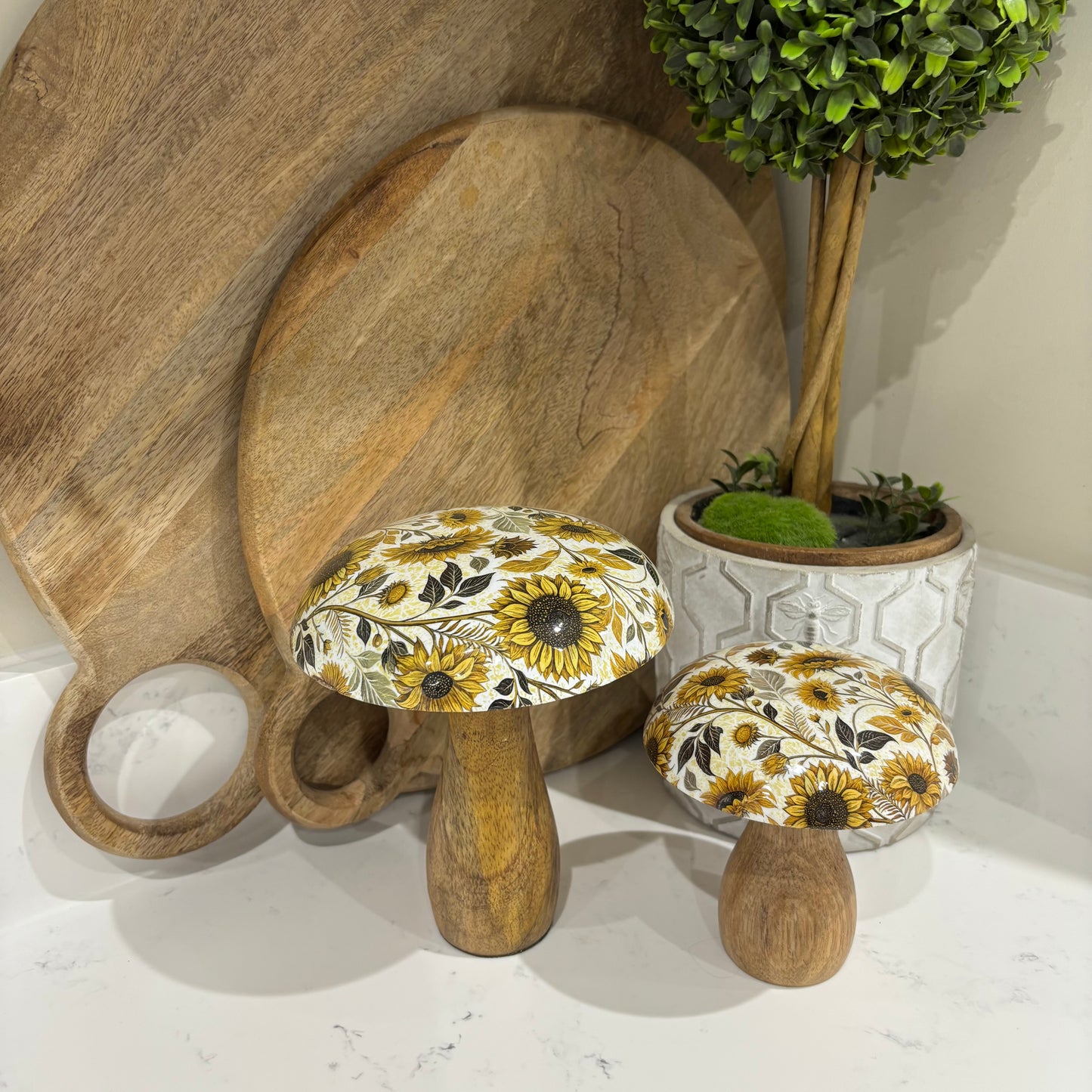 Mango Wood Mushroom with Sunflowers - set of two