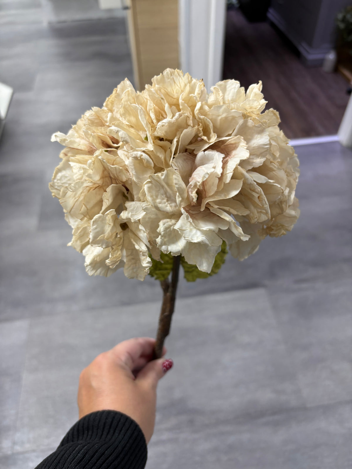 Faux Dried Touch Ruffled Hydrangea – Oyster – 52cm