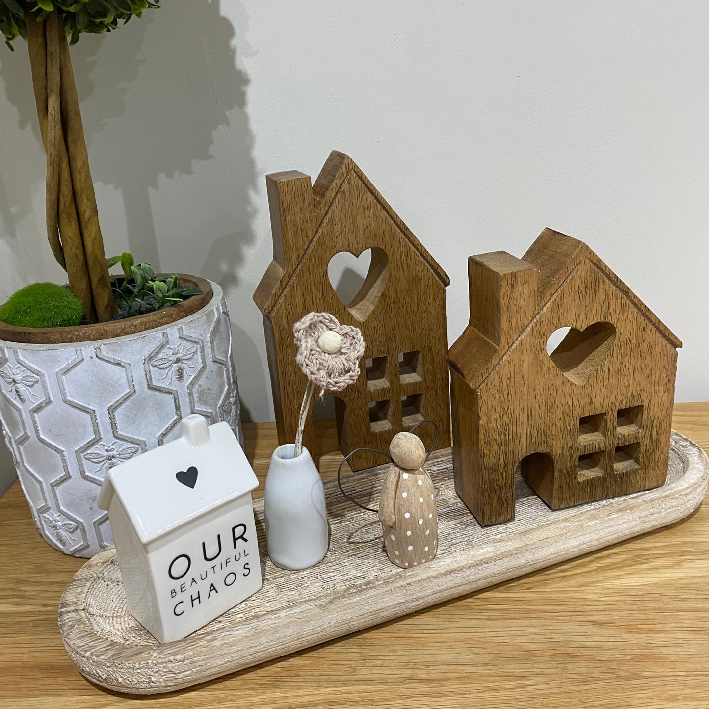 Natural Wooden House with Heart - Set of 2