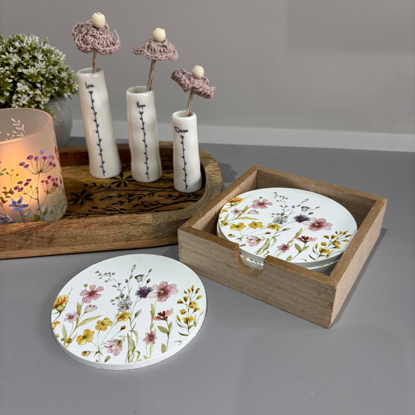 Wooden Flower Coaster Set