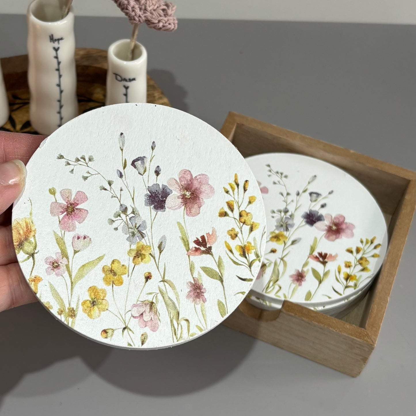 Wooden Flower Coaster Set