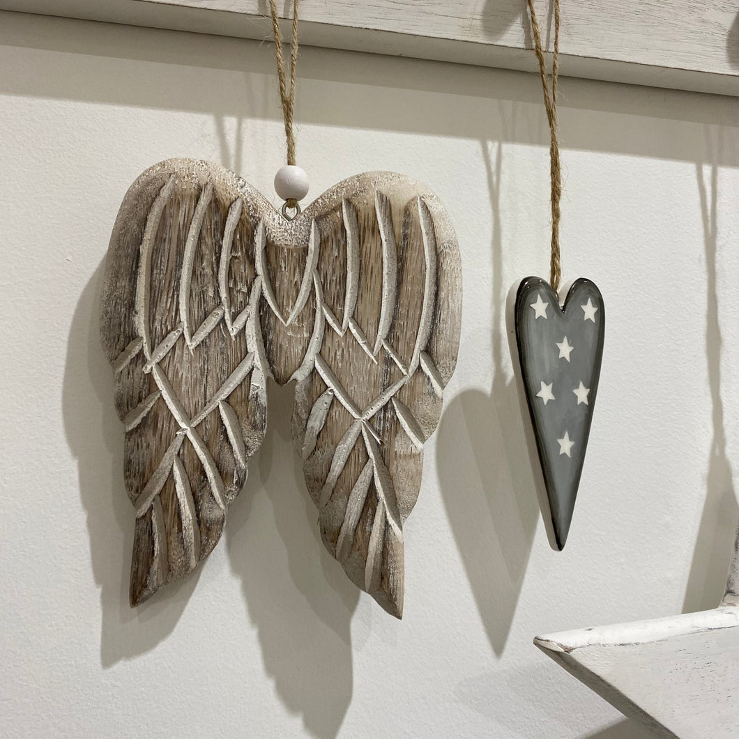 Hanging Carved Wooden Angel Wings Natural 15cm