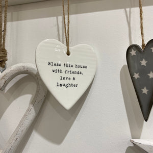 Bless this house with good friends, love and laughter ceramic hanging heart