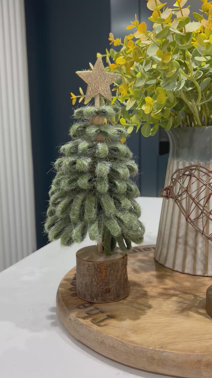 Green Loop Christmas Tree with Gold Star & Wood Base – 24cm