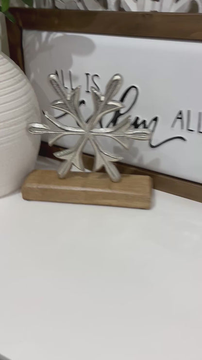 Aluminium snowflake on mangowood base- 2 sizes