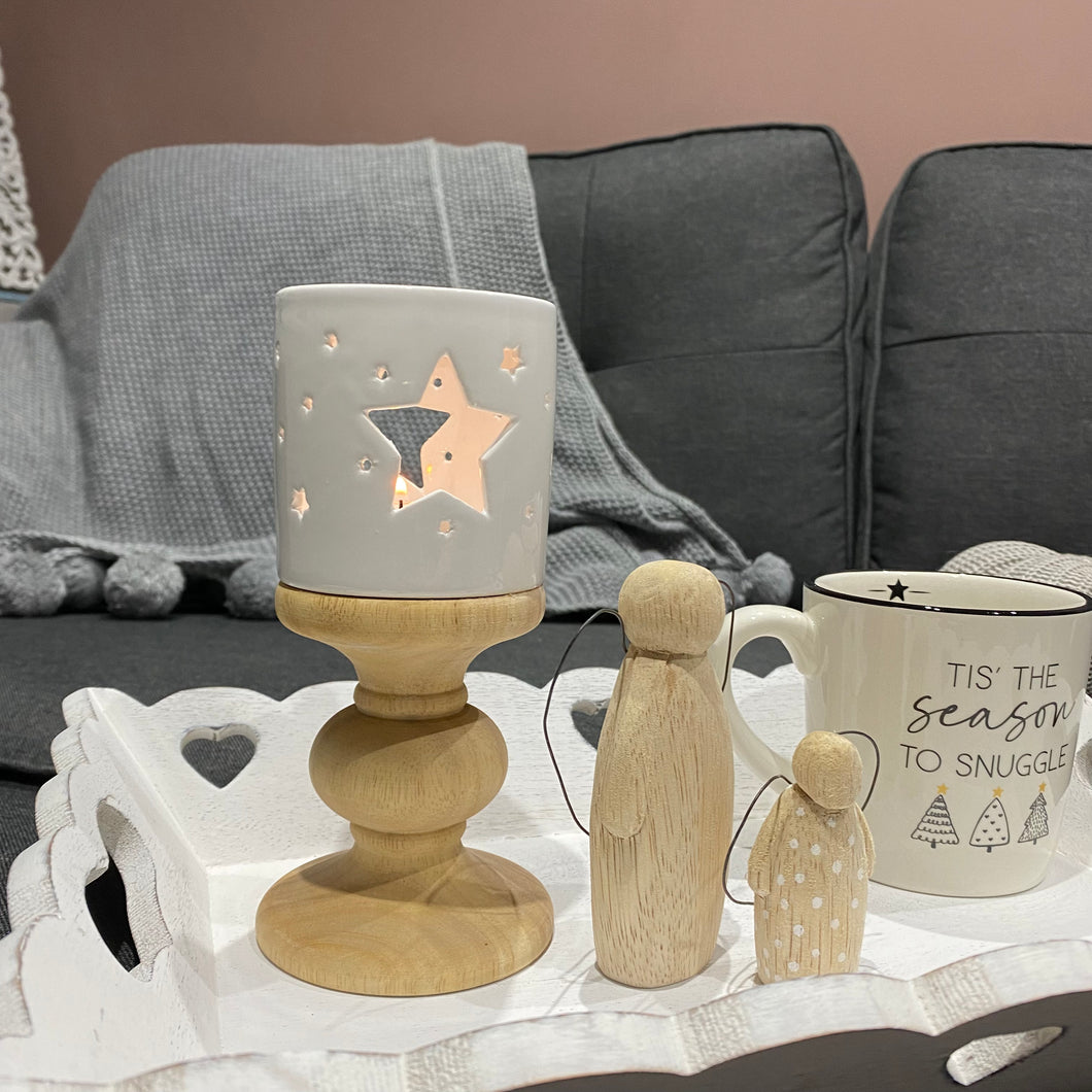 Mango Wood & ceramic star candle holder