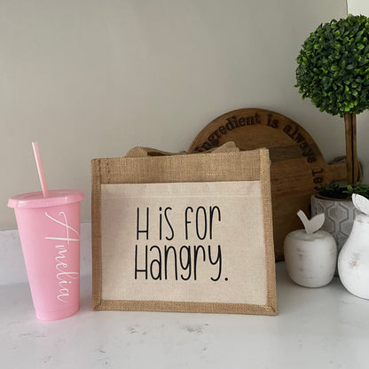 H is for Hangry pocket front mini jute lunch bag