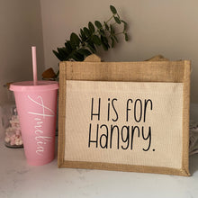 Load image into Gallery viewer, H is for Hangry pocket front mini jute lunch bag