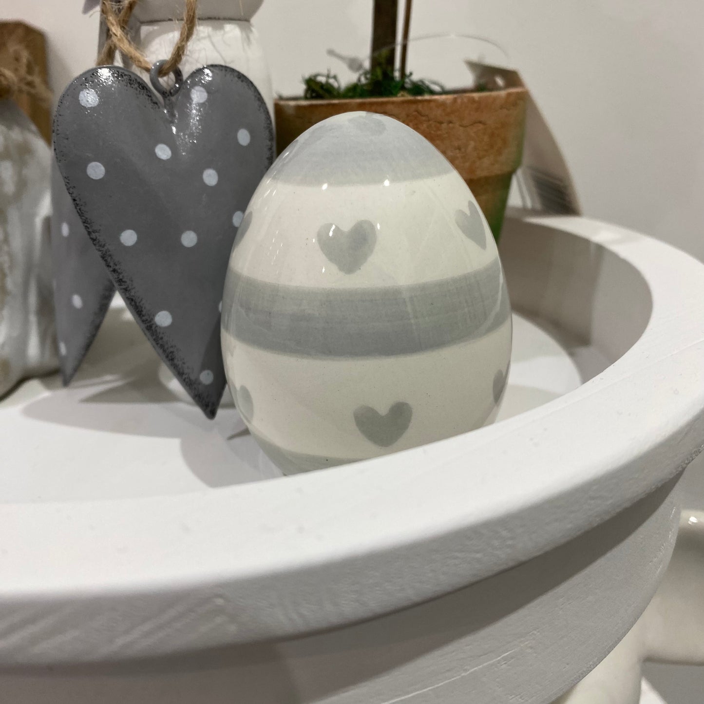Grey and White Heart decorated Egg Ornaments